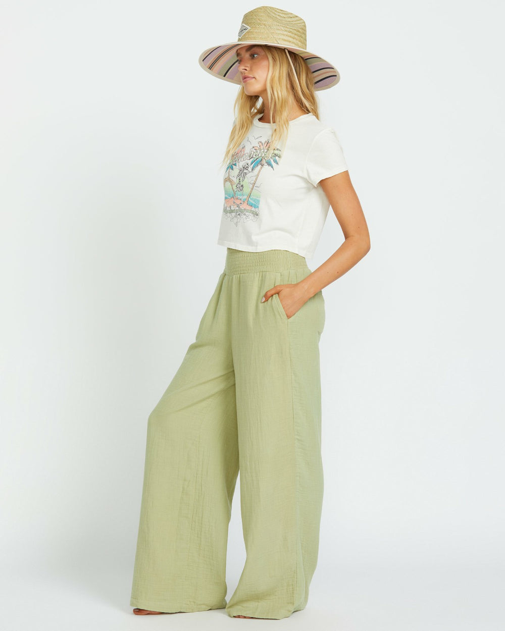 New Waves Gauze Elastic Waist Pants - Avocado | Billabong Women