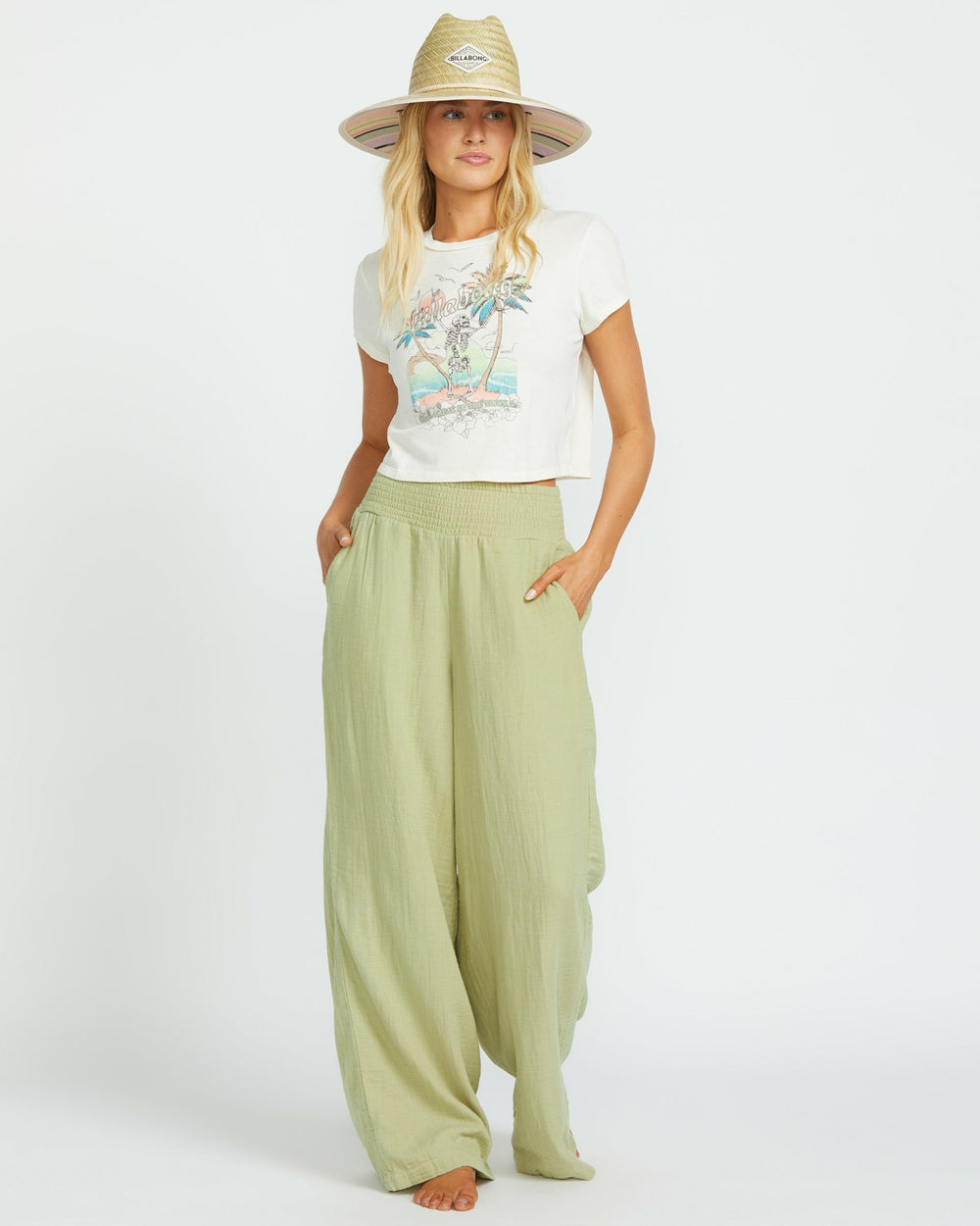 New Waves Gauze Elastic Waist Pants - Avocado | Billabong Women