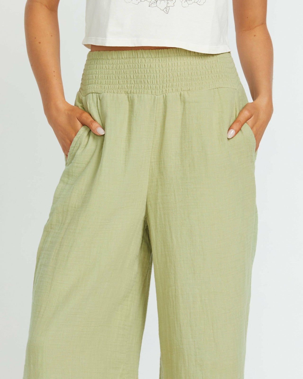 New Waves Gauze Elastic Waist Pants - Avocado | Billabong Women